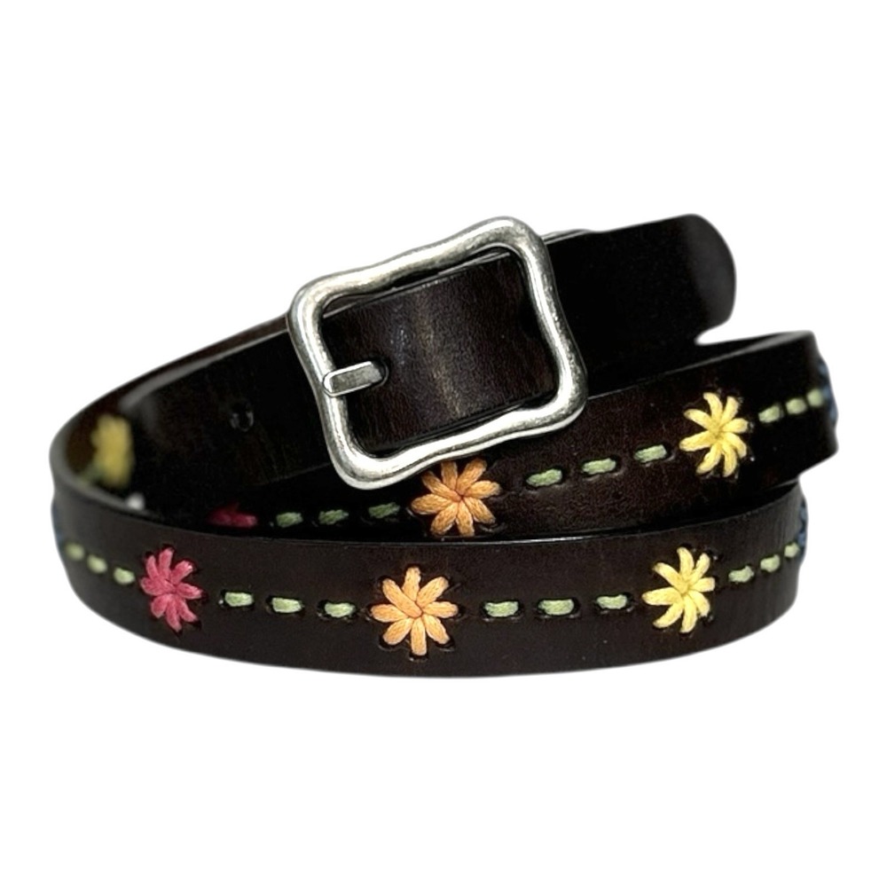 DOCKERS Dark Brown Leather Belt Embroidered Daisy Boho Y2K Women's L 42"